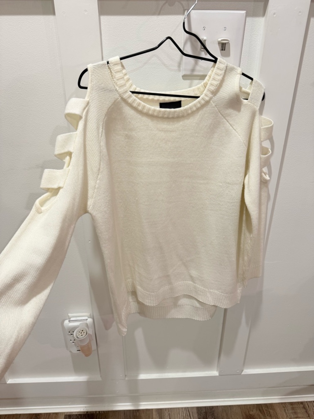 Cold-Shoulder Cream Knit Sweater with Ladder Cutouts